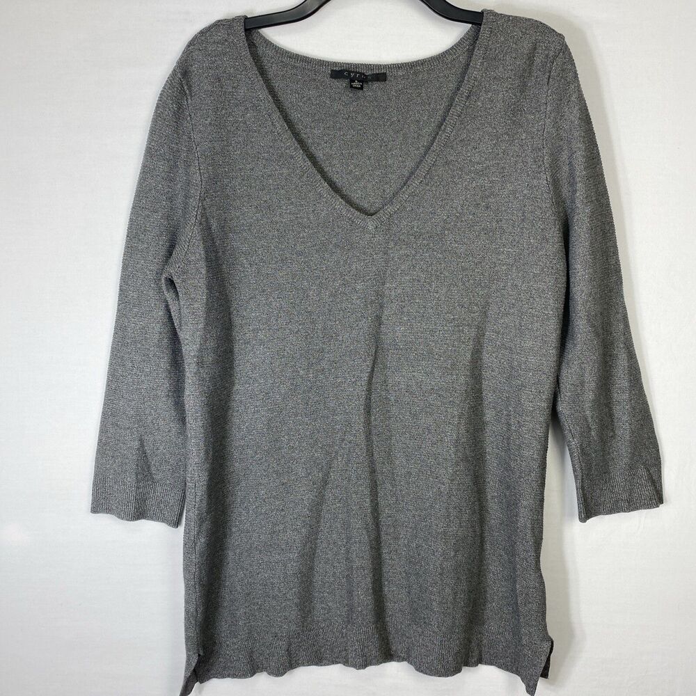 Cyrus Women's V-neckSweater Size Large Boyfriend Gray Tunic Long Length